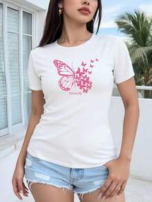 Women's Short Sleeve T-Shirt With Butterfly Print, Comfortable, Sporty, Floral, Graphic T-Shirt For Ladies, Women's Top[COD] - 白色 - 查看 6