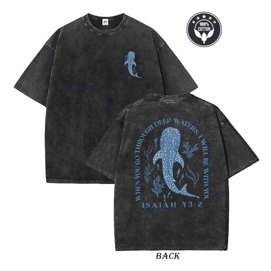 Cuando Pasas Por Aguas Profundas Isaías 43:2 Camiseta con Gráfico de Tiburón Ballena, Camiseta Cristiana de Algodón con Lavado Retro - Negro - Ver 1