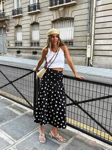 Falda larga de línea A con volantes y lunares negros, elegante y casual para verano/primavera - Negro - Ver 5