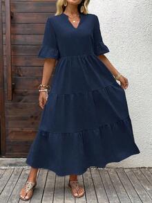 Vestido casual de unicolor con escote en pico para vacaciones de mujer - Azul marino - Ver 5