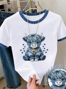 Camiseta de manga corta casual y versátil para mujer con cuello redondo, estampado de corazón y ribete de contraste - Blanco 4 - Ver 6