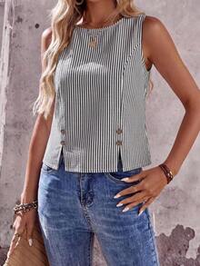 Camisa de mujer de unicolor con botones delanteros y dobladillo con abertura, versátil para vacaciones de verano - Blanco y Negro - Ver 6