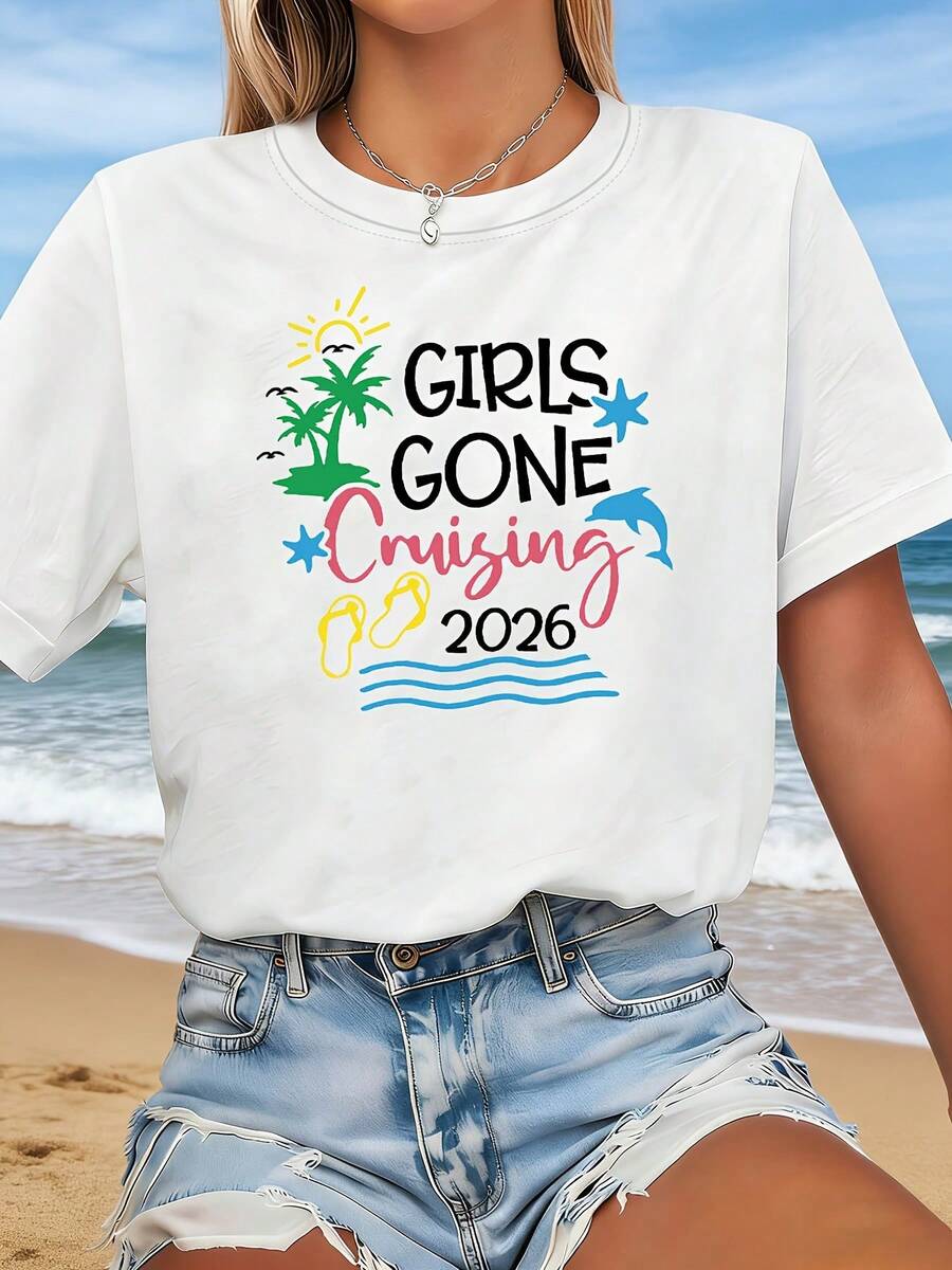 Camiseta casual para mujer, estampada con las palabras "Gone Cruising 2026" y motivos coloridos de islas. Esta camiseta blanca de manga corta y cuello redondo es lavable a máquina, tiene un estilo casual, es cómoda de llevar y presenta un diseño moderno, adecuada para diversas ocasiones informales. - Blanco - Ver 1