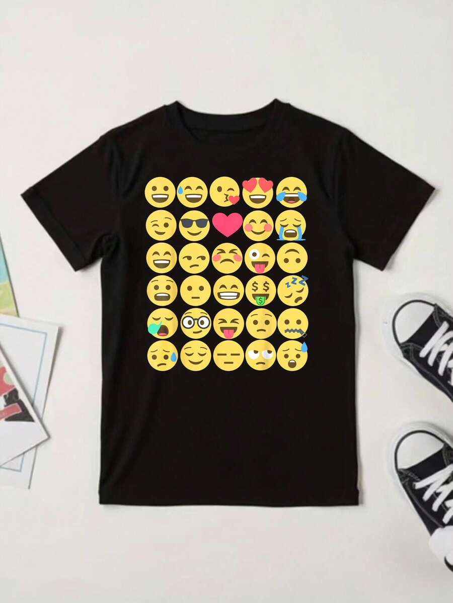 T-Shirt With A Set Of Emoticons - Black - View 1