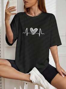 The Hottest Item Of The Summer: Pure Cotton T-Shirt, Round Neck T-Shirt With Heart Print, Graphic Tees With Cheetah Print For Women, Stylish Pure Cotton T-Shirt. Stylish, Popular, Party T-Shirt. - 黑色 - 查看 10