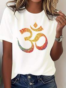 Camiseta de mujer con el símbolo Om - Camiseta casual suave con un patrón circular Om incrustado, camiseta con estampado de mano de , lavable a máquina, adecuada para meditación y uso diario. - Blanco - Ver 1