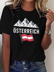 Camiseta suave para mujer con diseño de la bandera austriaca y montañas en efecto desgastado. - Negro - Ver 1