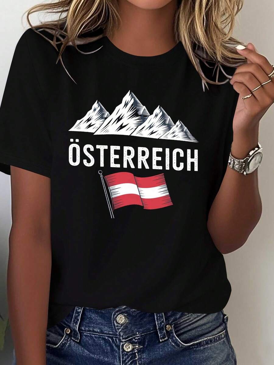 Camiseta suave para mujer con diseño de la bandera austriaca y montañas en efecto desgastado. - Negro - Ver 1