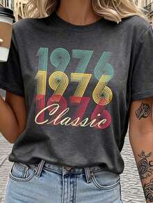 Women's 50th Birthday T-Shirt - 50th Birthday Gift, Casual Short Sleeve Crew Neck Top With 50th Birthday Print, Birthday Outfit For Summer And Spring Celebration. - 深灰色 - 查看 3