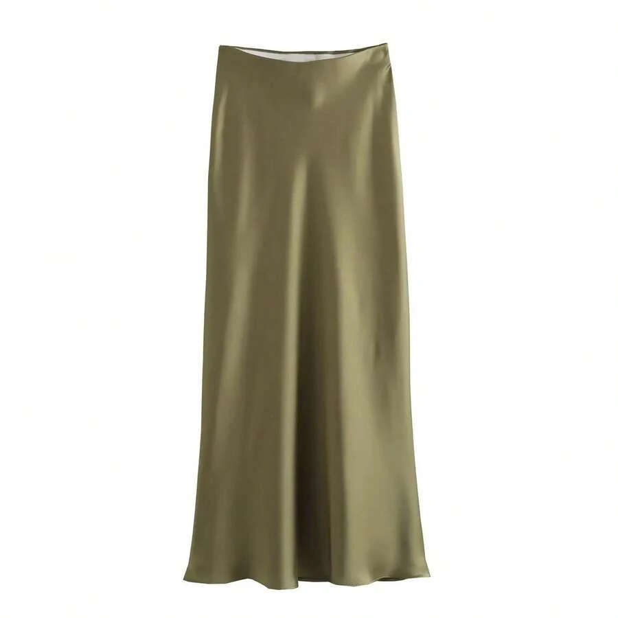 Willshela 2024 falda de satén negro para mujer, faldas largas elegantes de cintura alta para mujer, falda Midi de verano a la moda, faldas de oficina para mujer - Verde militar - Ver 1