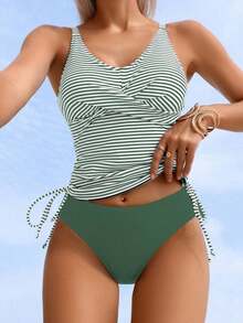 Swim Lushoire Conjunto de 3 piezas de verano para vacaciones y playa de mujer, incluye camiseta de tirantes, parte superior de bikini y falda de traje de baño con estampado de rayas azul marino - Verde - Ver 3