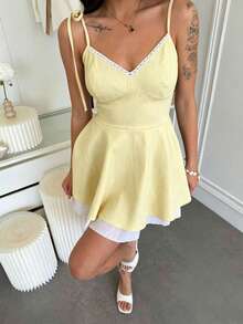 Vestido Mujer Moda Verano Tirantes Ajustado con Diseño Combinado Estilo Europeo Elegante Fiesta - Amarillo - Ver 7