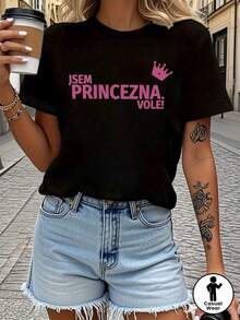Checo: SOY UNA PRINCESA. VOLE Soy princesa, no entiendo texto, camiseta de mujer de manga corta con cuello redondo para primavera/verano. - Negro - Ver 2