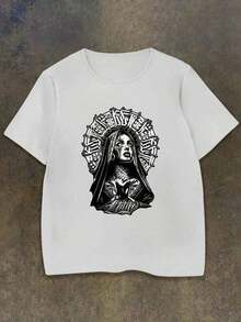 Camiseta estampada, camisetas de algodón con gráficos, talla grande, estilo gótico Y2K y arte lineal en blanco, retrato femenino misterioso. |   Elegante Camiseta Casual de Manga Corta con Cuello Redondo, Suave, Lavable a Máquina, Perfecta para el Verano, Estilo Y2K, Camiseta Oversize de Algodón - Blanco - Ver 8