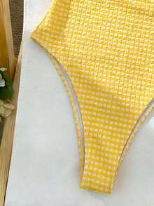 Swim Mod Ropa de playa de moda y linda para mujer, traje de baño de una pieza con volantes halter de tela especial a cuadros, adecuado para resort, fiesta, yate, primavera/verano - Multicolor 2 - Ver 3
