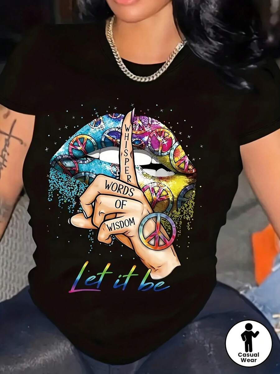 Camiseta con estampado de labios coloridos y el símbolo de la paz, camiseta de moda casual para mujer con cuello redondo. - Negro - Ver 1