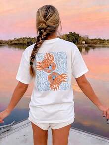 Women's Casual Loose White T-Shirt With Crab And Ocean Print, Round Neck. - White - View 3
