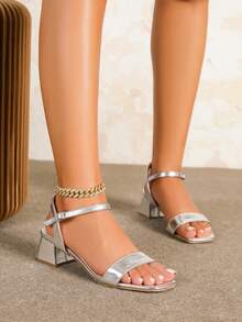 New Thick Heel Square Toe Fashion Sandals, Apricot Bowknot Elegant Low Heel Slides For Women, Summer - Silver - View 6