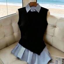 Yunuo Menswear  Camisa casual de mujer a rayas de color negro, de corte ajustado y estilizador - Celeste - Ver 4