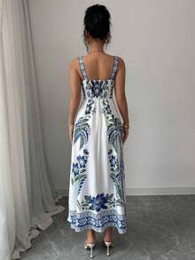 Vestido de tirantes finos con estampado localizado y silueta de línea A para mujer, ideal para el verano - Azul y blanco - Ver 2