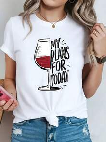 Pure Cotton T-Shirt, MY PLANS FOR TODAY, With An Illustration Of A Wine Glass Combined With A Letter Print That Conveys A Casual, Relaxed And Fun Attitude To Life, Short Sleeve Printed T-Shirt With Round Neck - Machine Washable, Suitable For Spring, Summer And Autumn, Casual Style, Comfortable Fit, Modern Design, Versatile For Everyday Wear, Soft Fabric, Fashionable Style. - 白色 - 查看 6