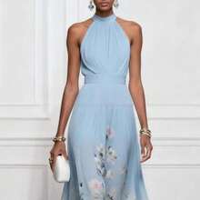 Vestido largo elegante de cuello redondo, sin mangas, con cordón y estampado posicionado - Azul - Ver 3