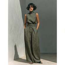 Conjunto Primavera Blusa Sin Mangas Mezcla Algodón Lino Sólida Elegante para Mujer + Pantalones Anchos - Verde militar - Ver 1