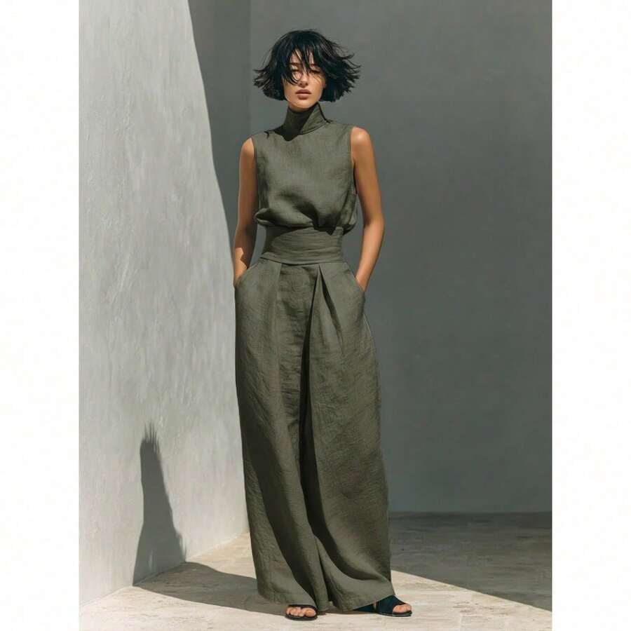 Conjunto Primavera Blusa Sin Mangas Mezcla Algodón Lino Sólida Elegante para Mujer + Pantalones Anchos - Verde militar - Ver 1
