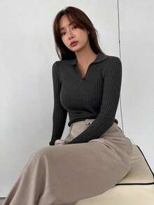 Suéter de punto acanalado con estampado de rayas, ropa de otoño - Gris - Ver 8