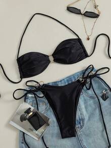 Bộ bikini hai mảnh màu trơn gợi cảm thời trang mới, dành cho nữ, có dây buộc, thích hợp cho kỳ nghỉ hè ở bãi biển. - màu đen - Xem 3