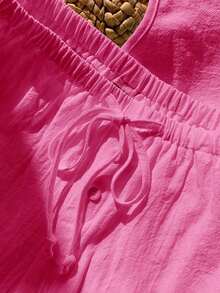 Conjunto casual de 2 piezas de top corto sin mangas con cordones delanteros y shorts para mujer en beige - Rosa Fucsia - Ver 9