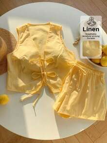 Conjunto casual de 2 piezas de top corto sin mangas con cordones delanteros y shorts para mujer en beige - Amarillo - Ver 5