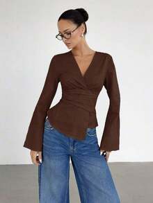 Camisa ajustada de mujer de manga larga con cuello en V a rayas - Café integral 2 - Ver 7