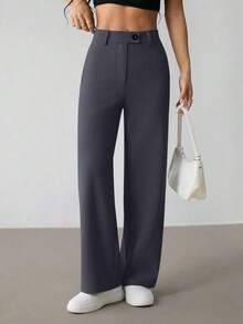 Pantalones rectos casuales de mujer de unicolor con cinturón - Gris Oscuro - Ver 8