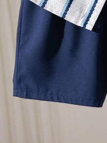 2pcs/Set Boys' Casual Striped Print Pattern Decorated Patch Short Sleeve Top And Solid Color Faux Drawstring Shorts, Spring/Summer Outfit - Navy Blue - View 9
