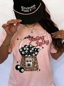Feeling Lucky Cherry Graphic T-Shirt For Women, Casual Short Sleeve Crew Neck Printed Tee, Aesthetic Y2K Summer Top, Holiday Vacation Spring Festival - 粉色 - 查看 15