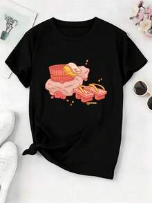 Camiseta de verano de mujer con cuello redondo |   Estampado estilo aguas termales japonesas, manga corta, top de media manga con estampado de moda, camiseta elásticaDaily Casual Round Neck Short Sleeve-Shirt Women - Negro - Ver 1
