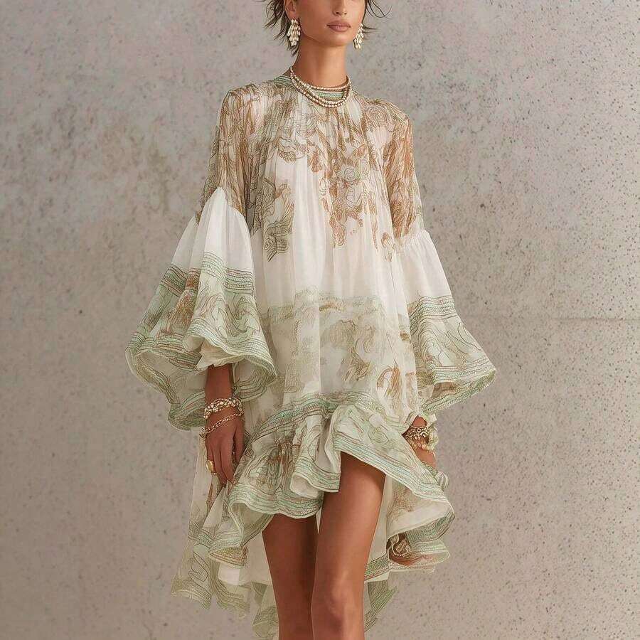 Women's High Neck Balloon Sleeve Vintage Landscape Print High Low Chiffon Mini Dress, Bohemian Flowy Ruffle Hem Tunic - 綠色 - 查看 1