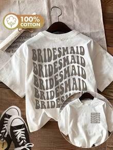 Double-Sided Print On The Front And Back, Wedding Season, Women's Spring/Summer Clothing, Women's Top, Pop Art Style, Repeated "BRIDESMAID" Lettering, Comfortable, Casual, Short Sleeve, Crew Neck, Sheer T-Shirt - 白色 - 查看 1