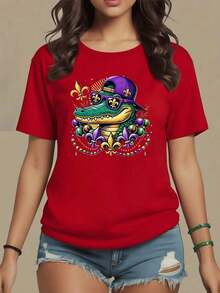 Cocodrilo festivo con gafas y sombrero adornado con flores de lis y collares multicolor evocando el espíritu vibrante del carnaval camiseta de mujer 100% algodón 180g - Rojo - Ver 9