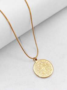 1pc 18K Gold Plated Stainless Steel Vintage Priest Style Embossed St. Benedict Double-Sided Pendant Necklace, Retro French Religious Round Disc Necklace For Men - Yellow Gold - View 2