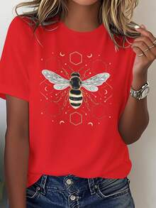 Camiseta cómoda de color sólido para mujer con un diseño de abeja que presenta alas transparentes y un diseño de panal de abeja. - Rojo - Ver 1