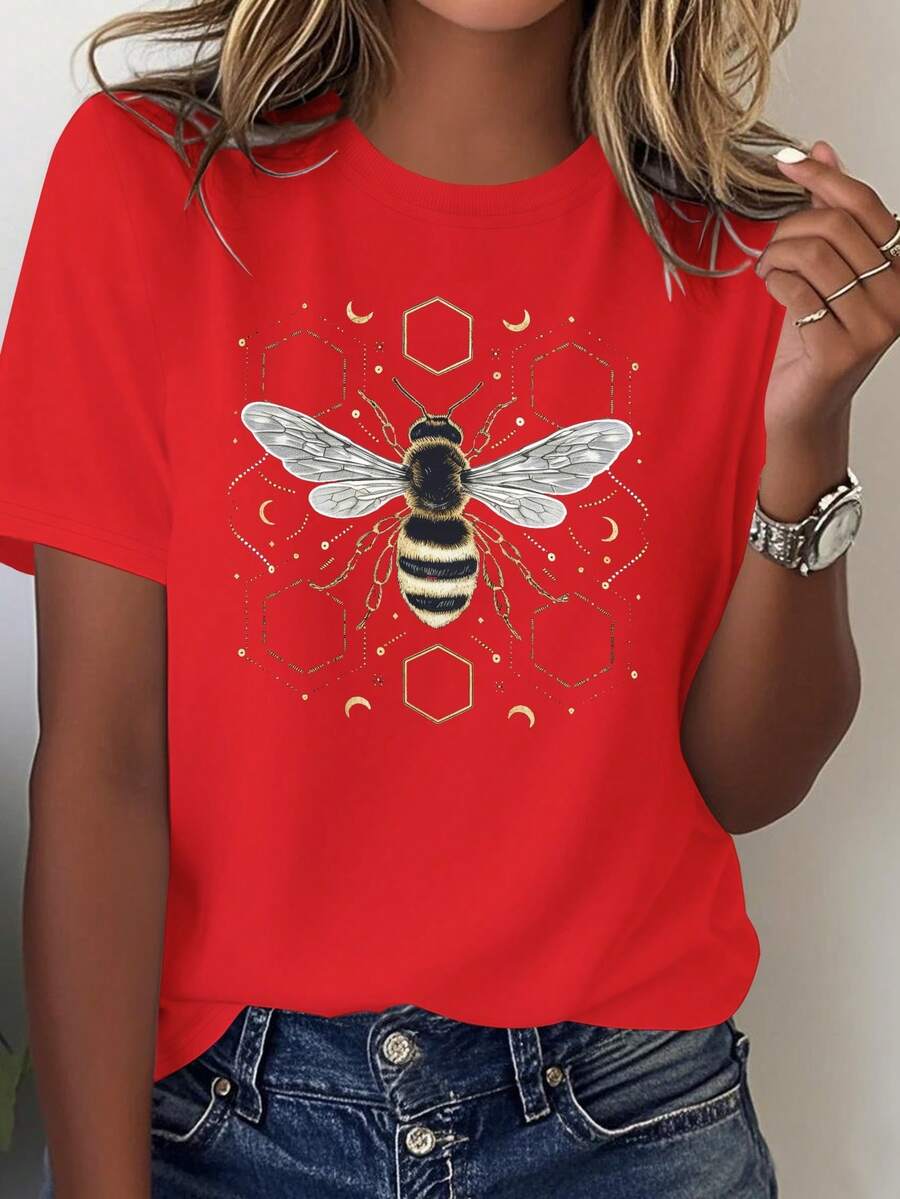 Camiseta cómoda de color sólido para mujer con un diseño de abeja que presenta alas transparentes y un diseño de panal de abeja. - Rojo - Ver 1