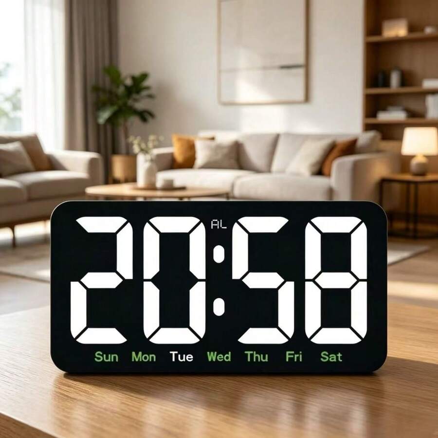 Large LED Digital Display Electronic Alarm Clock, Displays Day Of Week, Suitable For Student, Elderly, Bedroom, Living Room - Black Case With White Numbers - View 1