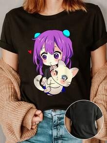 Playera de cuello redondo con estampado de chica de caricatura, playera casual de manga corta para primavera y verano, ropa de mujer - Negro - Ver 2