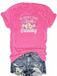 1 pieza Camiseta con estampado floral "My Favorite People Call Me Grammy" para cumpleaños, manga corta, cuello redondo, top casual para verano y primavera, ropa de mujer, 180g, 100% algodón. - Blanco - Ver 9