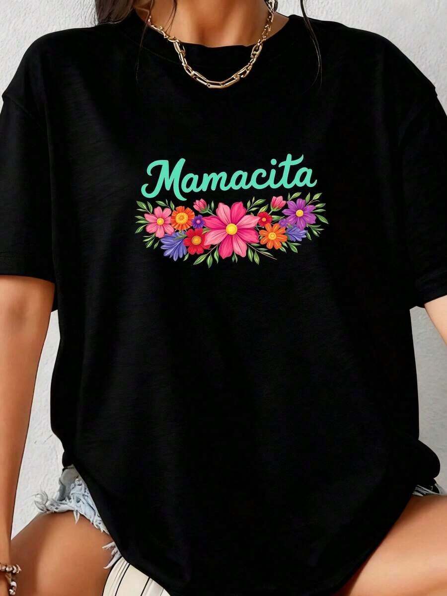 1 Piece Of Mamacita T-Shirt For Latin Women, Printed Cotton, T--4180g, 100% Cotton. - 黑色 2 - 查看 1