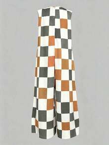 Plus Size Women's Sleeveless Jumpsuit With Colorful Plaid Print, For Summer - 摩卡棕 - 查看 3