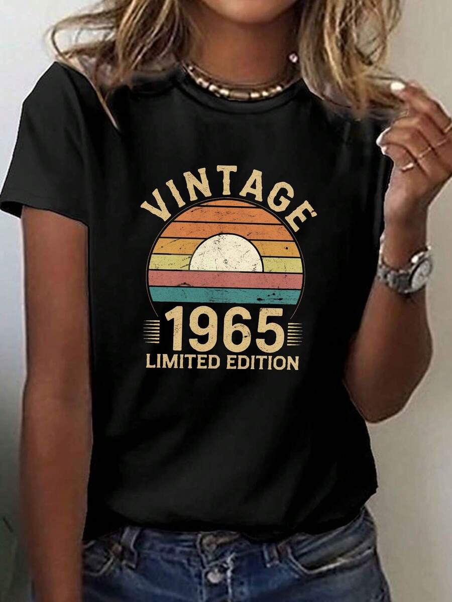 Talla grande - talla extra grande - camiseta de mujer, hecha de algodón puro, tela ligera y transpirable, diseño de cuello redondo, diseño estampado, corte de manga corta, adecuada para primavera y verano. - Negro - Ver 1