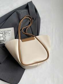 Nueva bolsa de hombro de material de PU impermeable de unicolor estilo clásico, con cierre magnético, gran capacidad, adecuada para viajes, compras, ir al trabajo, salidas y citas - Beis - Ver 9